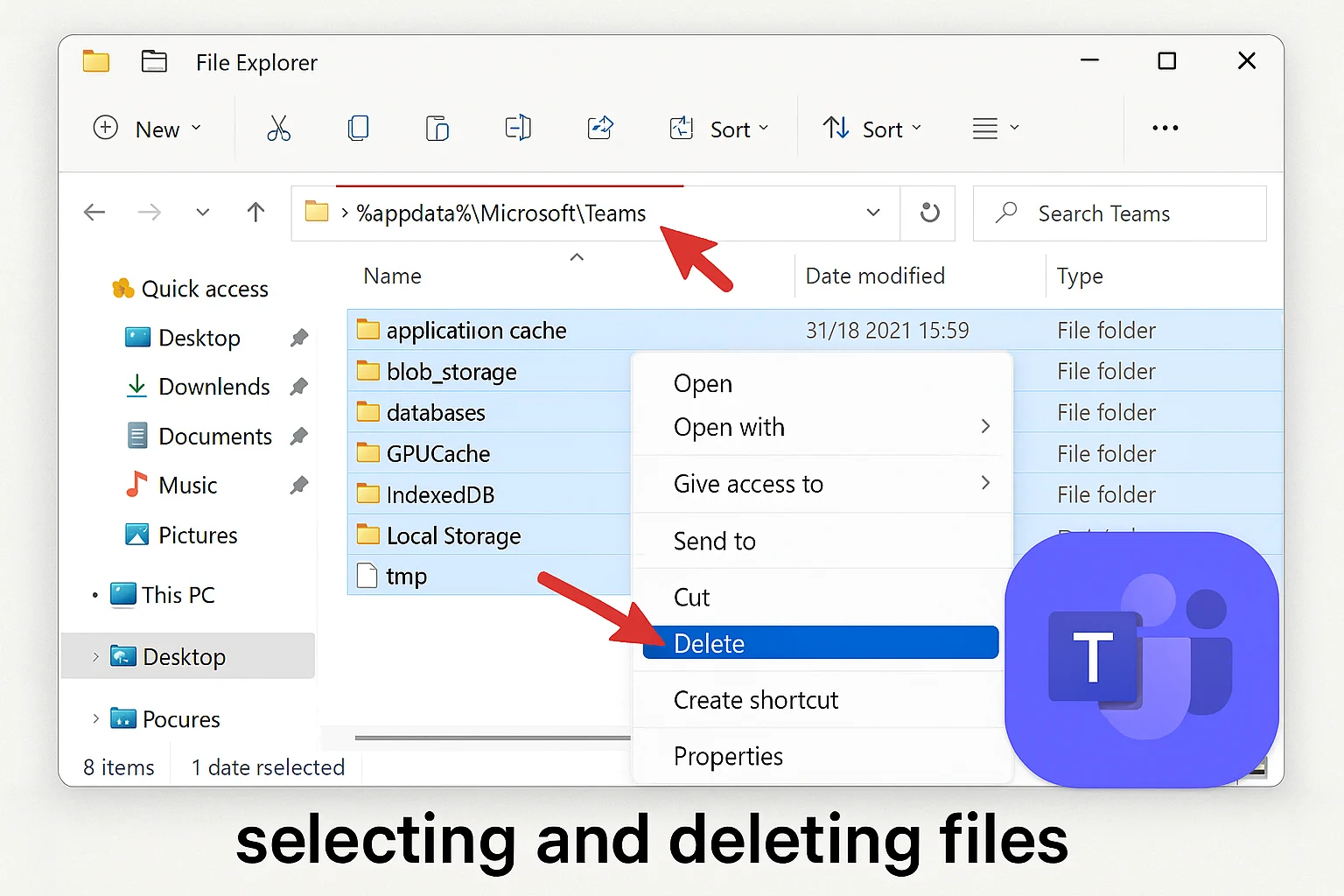 Arvutiekraani lähivaade, mis näitab samm-sammulisi juhiseid %appdata%MicrosoftTeams kausta leidmiseks ja failide kustutamiseks Teamsi tõrkeotsingu eesmärgil