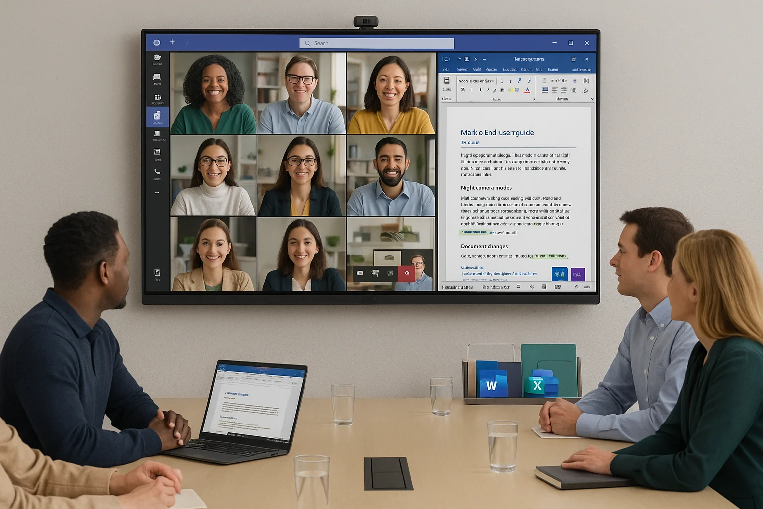 Hübriidkoosolek Microsoft Teamsis: osa töötajatest on koosolekuruumis, osa liitub virtuaalselt suurel ekraanil; pildil on rõhutatud sujuv koostöö, samaaegne dokumentide muutmine ning integreeritud Word ja Excel rakendused.