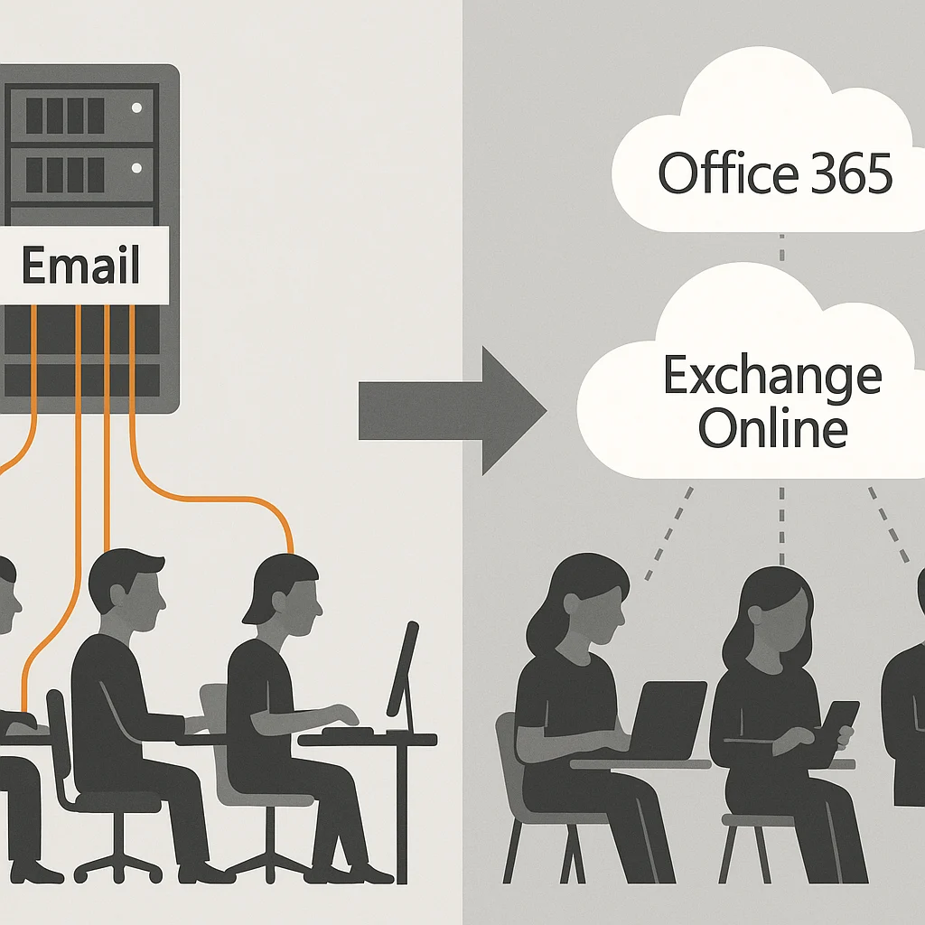 Vasakul on kohapealsed meiliserveri rägastikud sildiga 'Email', paremal pilveikoonid sildiga 'Office365' ja 'Exchange Online', kasutajad liiguvad noole abil kohapealsest pilveteenustesse.