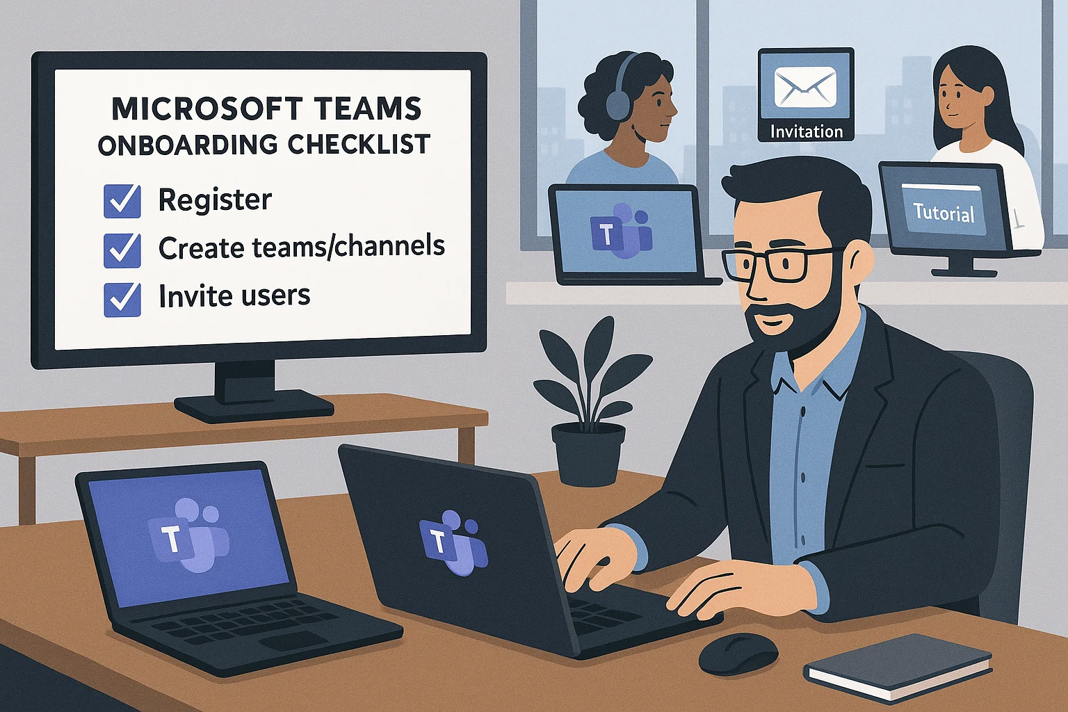 IT-juht seadistab Microsoft Teamsi ettevõttele: kasutajakontode seadistamine sülearvutis, monitoril kuvatakse meeskondade ja kanalite loomise ning kasutajakutsete juhend, samal ajal saavad meeskonnaliikmed e-posti teel kutsed ning ekraanidel avaneb Teamsi õppetutvustus.