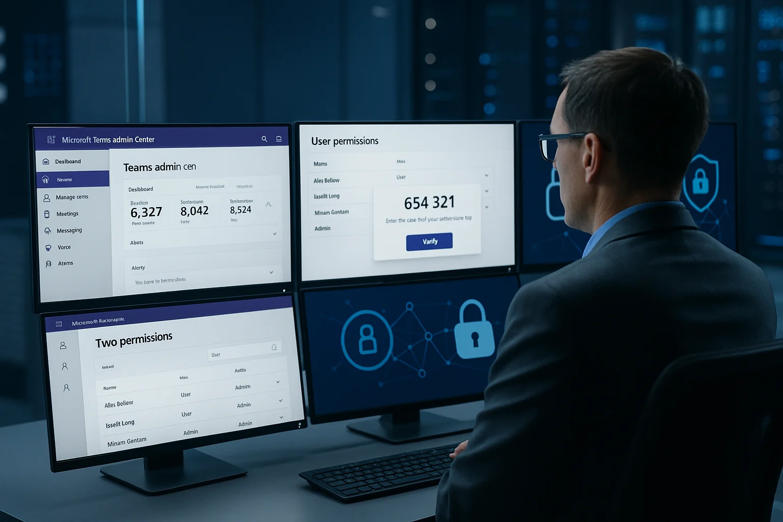 IT-juht turvalises, kõrgetasemelises kontrollruumis jälgimas Microsoft Teamsi haldust; mitmel ekraanil on näha Teamsi administreerimispaneel, kasutajaõiguste haldus, kaheastmeline autentimine ja krüptimisikoonid, rõhutades ettevõtte turvalisust.