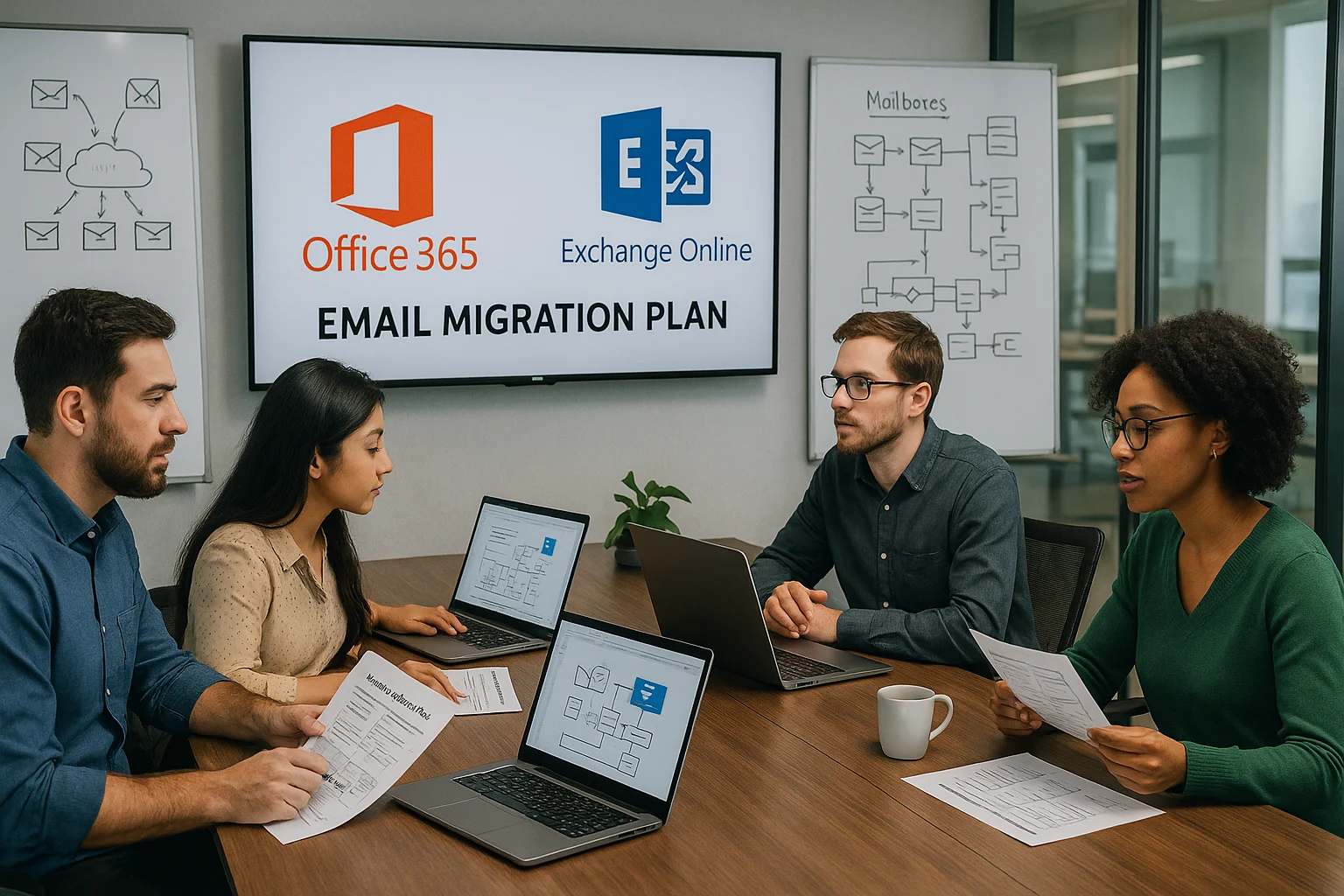 IT spetsialistide meeskond istub nõupidamislaua ümber, arutades Office365 ja Exchange Online postkastide migratsiooniplaane, taustal ekraan ja skeemid.
