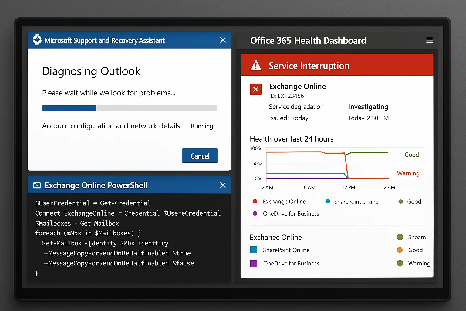 IT-administraatori digitaalne juhtpaneel, kus Microsoft Support and Recovery Assistant, Office 365 Health Dashboard ja Exchange Online PowerShell aitavad Outlooki probleeme automaatselt diagnoosida ja lahendada