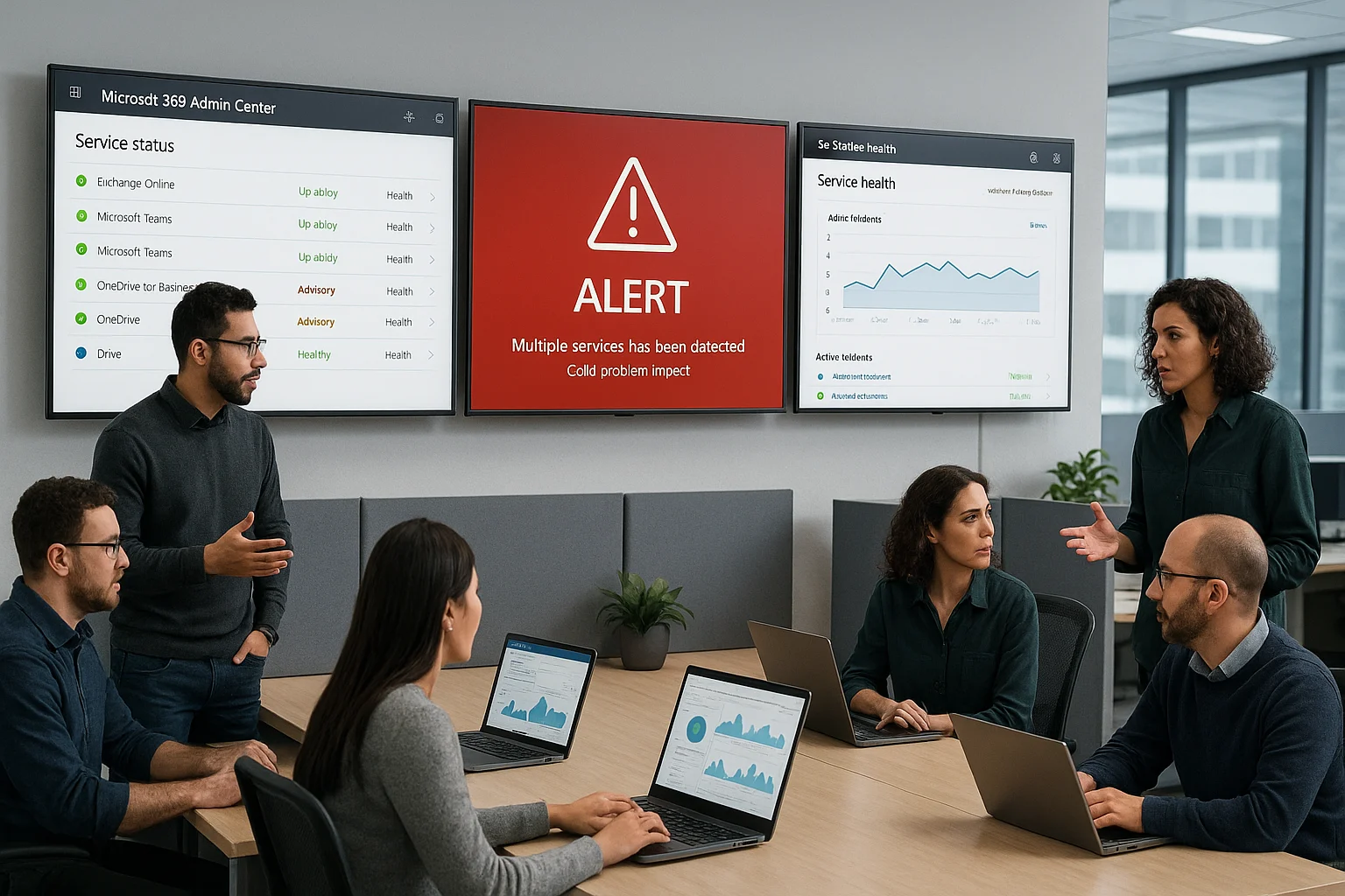 Kaasaegne kontori IT-tiim Microsoft 365 Administreerimiskeskuse oleku ja monitooringuvahendite jälgimisel suurte ekraanide ja sülearvutitega