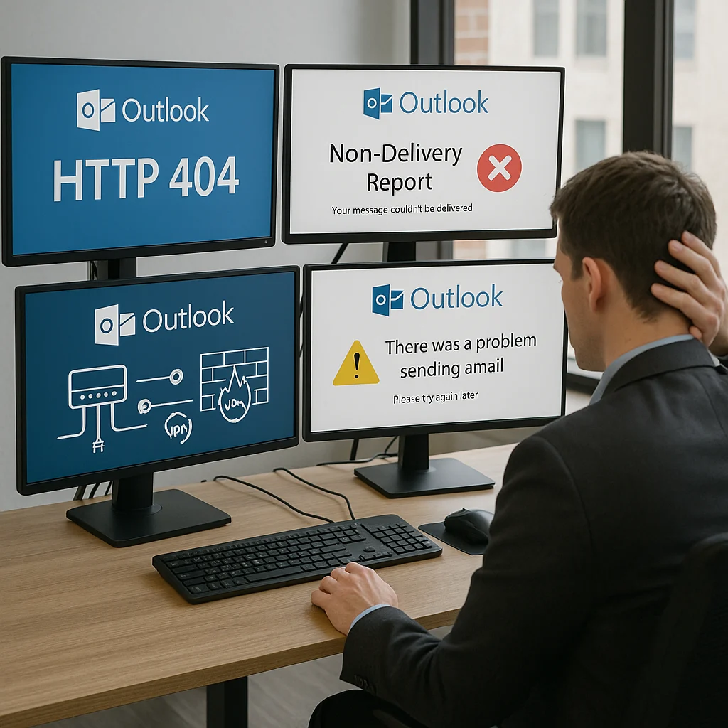 IT-juht lahendab Office365 Outlooki levinumaid ühenduvus- ja saatmistõrkeid mitme ekraani abil, millel kuvatakse 'HTTP 404', 'Non-Delivery Report' ja 'There was a problem sending emails' veateateid