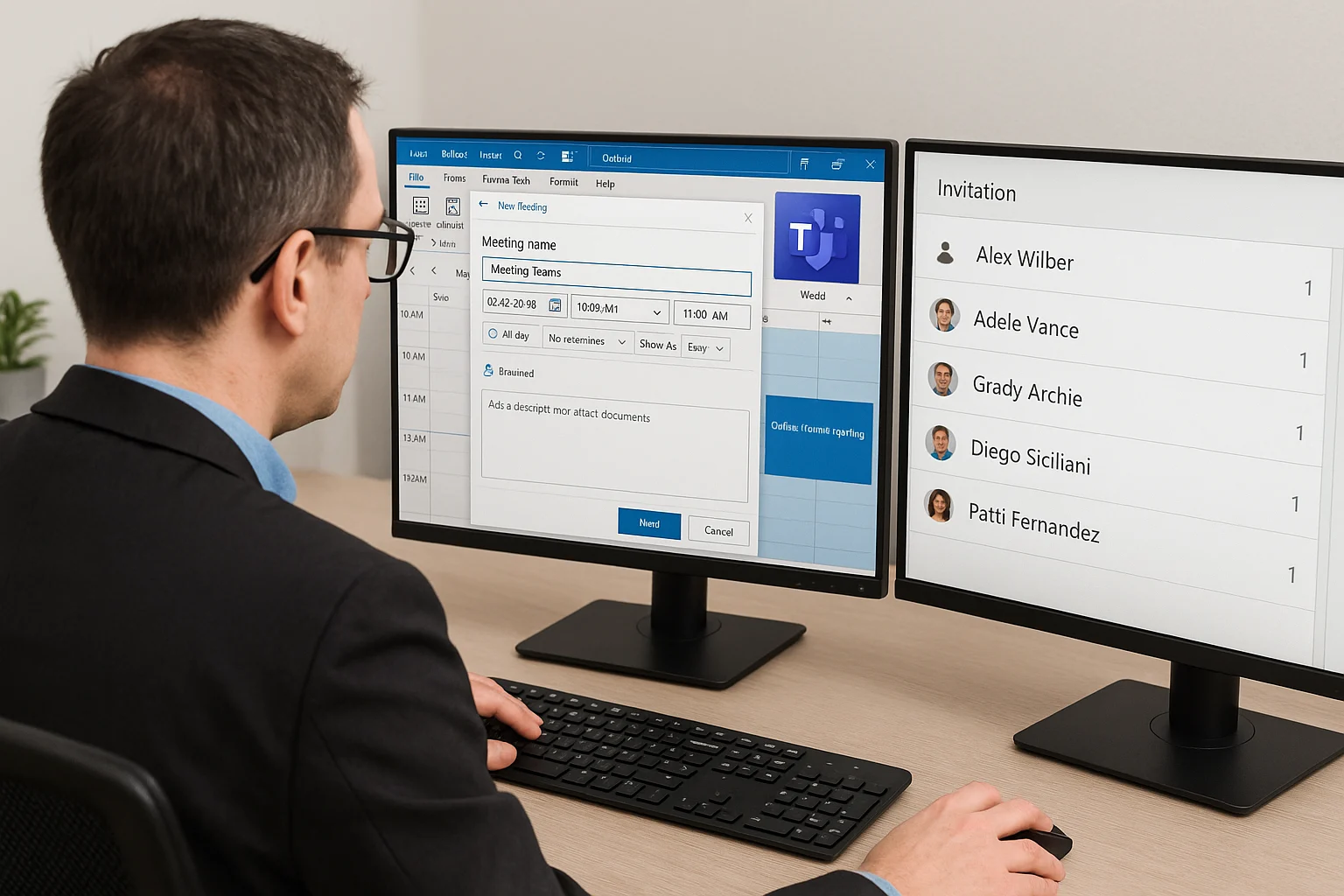 Kontoritöötaja broneerib Microsoft Teamsi kohtumist Outlooki kalendris – Teamsi valik aktiivne, kutset loovad mõlemad rakendused
